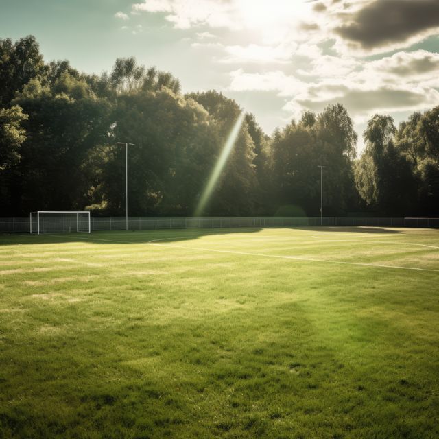 Football goal on football pitch surrounded by trees, created using generative ai technology. Football, sports and competition concept digitally generated image.