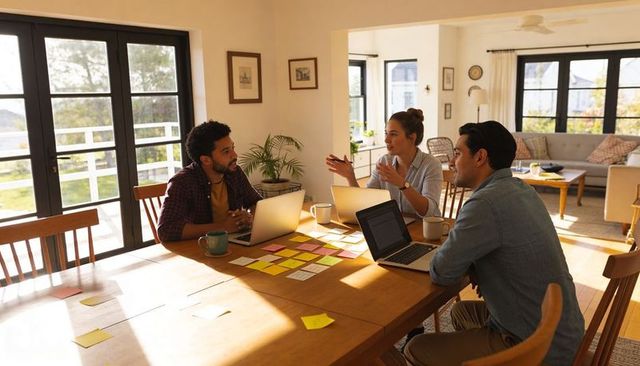 Sunlit home office team collaborating around table with laptops, sticky notes, coffee