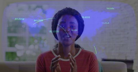 Presenting black woman gesturing with holographic world map and data visualization overlay