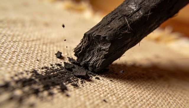 Scraping frayed charcoal stick shedding soot and fragments on burlap fabric, macro closeup