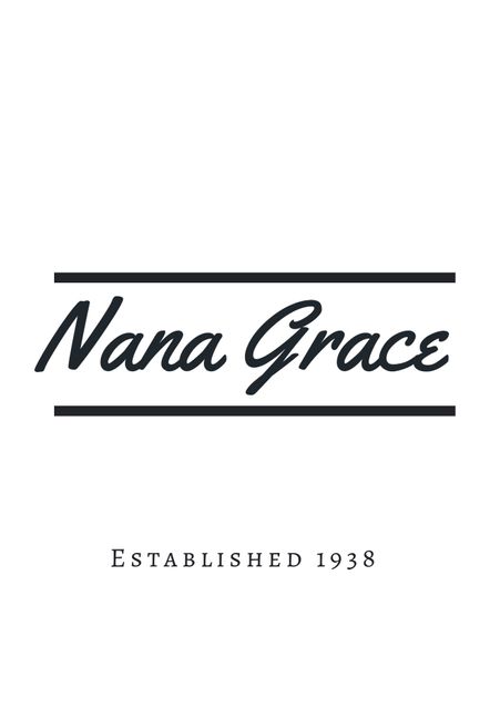 This sophisticated design with classic typography is ideal for upscale branding and stationery. The 'Nana Grace' name featured prominently conveys a sense of heritage and tradition, with 'Established 1938' adding vintage elegance. The minimalist aesthetic and clean lines make it suitable for business cards, letterheads, logos, and other corporate branding materials seeking a timeless and refined appearance.