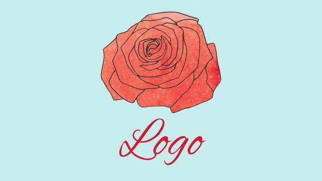 Stylized red rose logo with elegant script text in bright red on pale blue background. Perfect for brand identity, business logos, social media, marketing materials. Adds a touch of elegance and romance with its floral illustration and minimalist style.