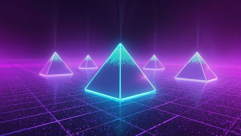 Neon pyramid array emitting cyan glow on retrofuturistic purple grid with starry sky