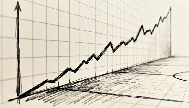 Hand-drawn Rising Growth Chart on Grid Paper Showing Jagged Uptrend and Sketch Texture