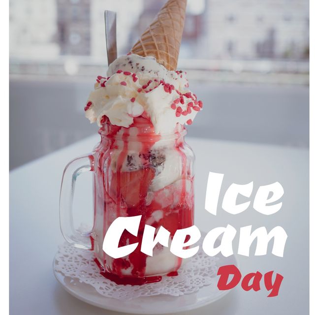 Digital composite image of frozen sweet food served in mason jar with ice cream day text. ice cream, sweet food and celebration concept, frozen food, dessert.