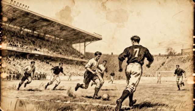 Vintage football sketch showing number 7 pressing rival with ball on stadium pitch, sepia
