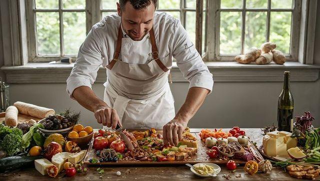 Chef assembling antipasto and charcuterie board with artisan cheeses and fresh produce
