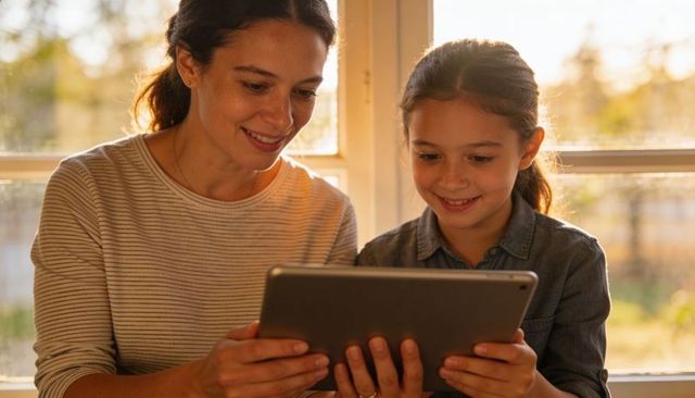 Mother guiding daughter on tablet by window during warm golden hour bonding moment