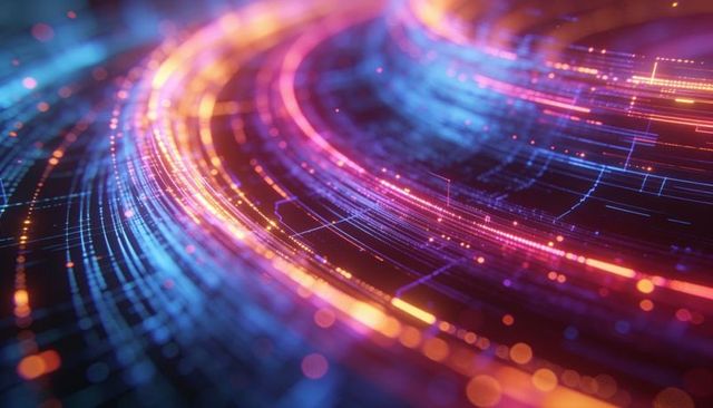 Neon data streams curving through futuristic circuit network with glowing motion trails