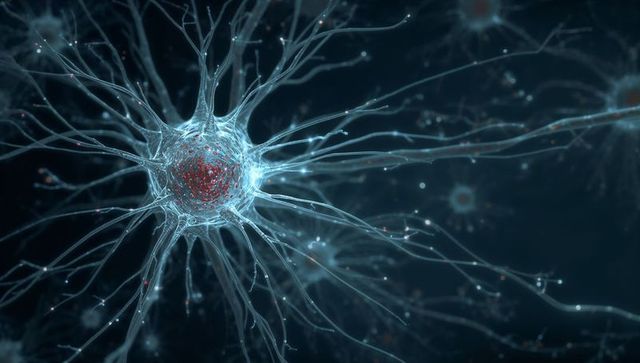 Glowing neuron with red core sending signals through branching dendrites and axon network