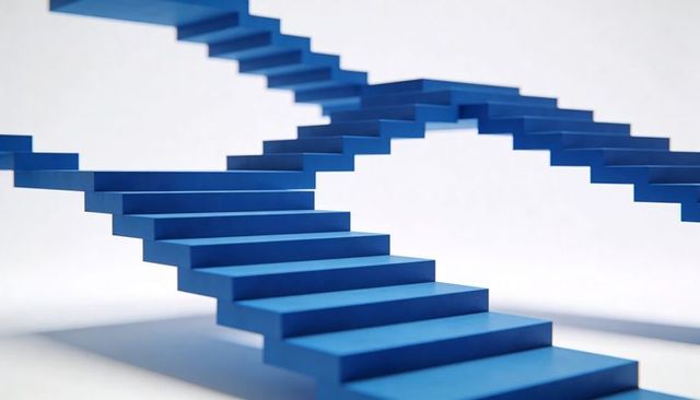 Floating blue zigzag staircases creating minimal geometric 3d abstract composition
