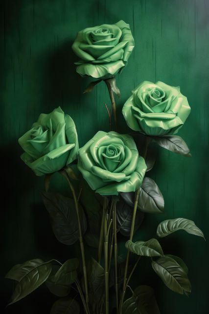 This image features a stunning arrangement of lush green roses against a dark green wooden background, creating a striking contrast. Ideal for use in nature-themed projects, botanical gardens promotions, or as artistic decor for home interiors. Its unique color palette makes it perfect for eco-friendly campaigns or for use in floral art and design pieces.