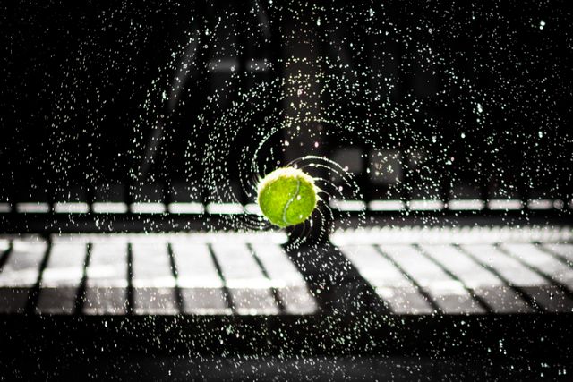 This dynamic image captures a tennis ball in mid-air with water droplets spinning off in different directions. The high shutter speed creates a sense of motion and action, perfect for highlighting athleticism and sports activities. The contrast between the green tennis ball and the dark background emphasizes the details of the water droplets. Ideal for use in sports blogs, athletic training programs, and advertisements showcasing high-energy activities.