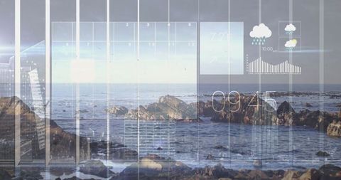 Futuristic digital seascape dashboard with weather and data