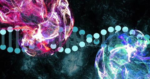 Futuristic Biotech: Glowing Spheres and DNA Helix in Digital Lab