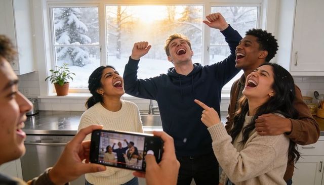 Friends laughing and filming winter kitchen celebration with smartphone