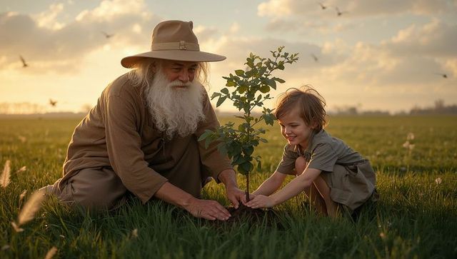 Grandfather and Child Bonding Over Tree Planting in Sunset Meadow