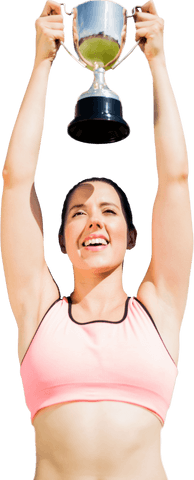 Victorious Female Athlete Holding Trophy on Transparent Background