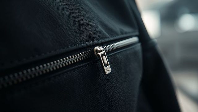 Macro close-up of metal zipper slider on black fabric backpack showing texture detail