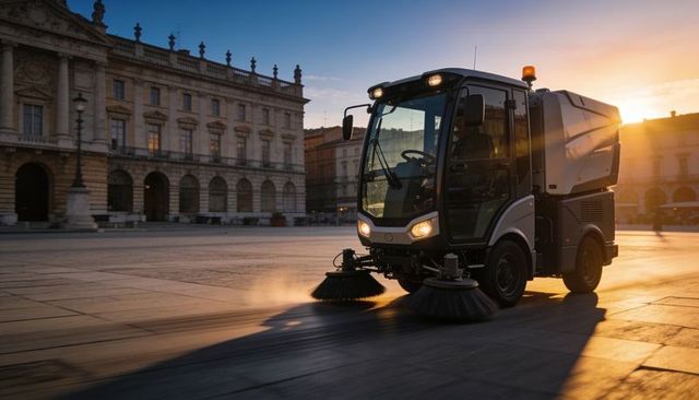 Compact street sweeper cleaning neoclassical urban plaza at sunrise with rotating brushes
