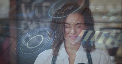 Futuristic Barista in Modern Coffee Shop with Holographic Interface