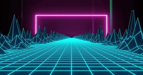 Stretching neon grid leading toward glowing magenta frame in synthwave corridor with low-poly peaks