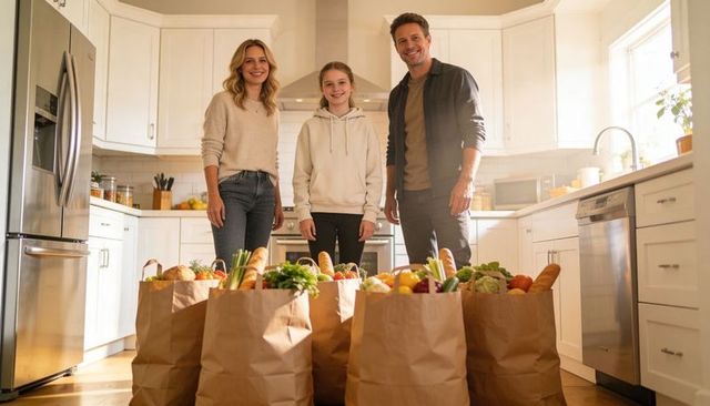Sunlit family unpacking groceries in modern kitchen with paper bags and fresh produce