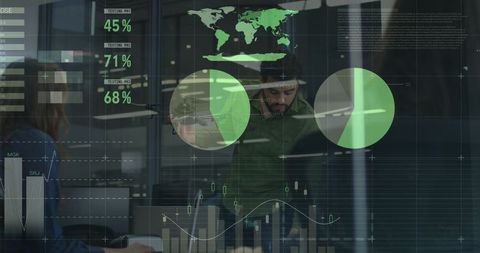 Business Team Analyzing Digital Data with Global Map Overlay