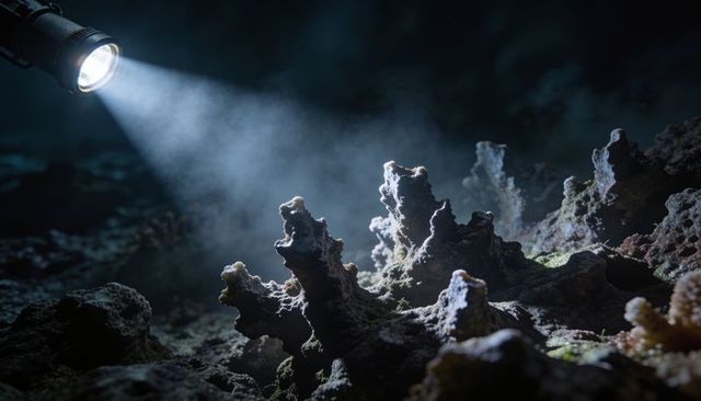 Diver torch illuminating jagged coral ridge on deep sea reef at night exploration