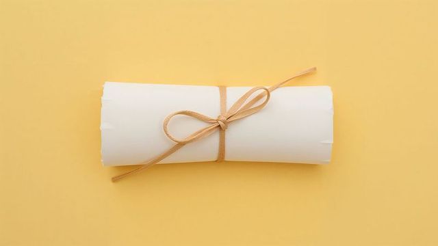 Minimalist white scroll with tan ribbon on mustard background