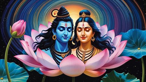Divine Couple Meditating Amidst Cosmic Lotus Flower