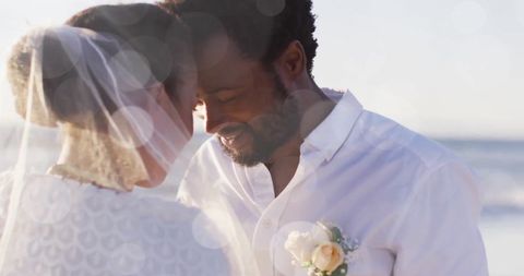 Romantic Beach Wedding Scene of African American Couple
