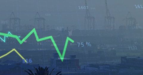 Maritime logistics chart overlaying port skyline, showing trade metrics and trends