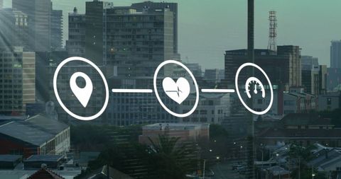 Digital Interface with Network Icons Over Modern Cityscape - Download Free Stock Images Pikwizard.com