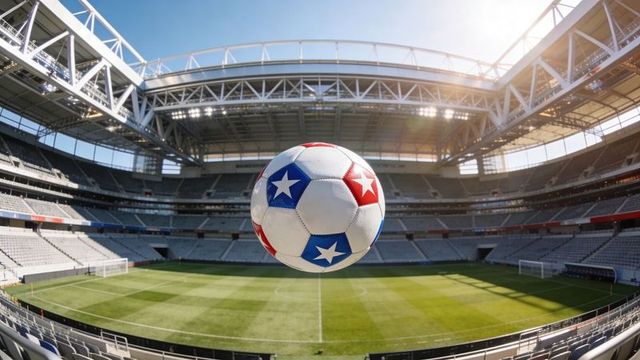 Floating star-pattern soccer ball over empty stadium pitch with goalposts and sun flare