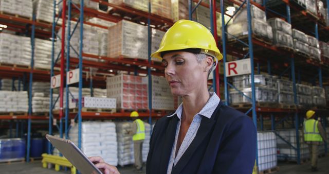 Female warehouse manager in safety helmet using a digital tablet for inventory management in a logistics center. Ideal for industrial, logistics, supply chain management, and workplace safety themes, showcasing modern warehouse operations and digitalization in management.