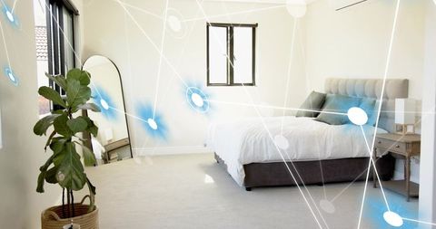 Minimal Bright Bedroom with Tufted Headboard and Smart Sleep Network Overlay