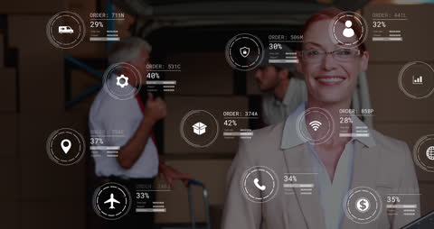 Smiling Supervisor in Warehouse with Logistic Data Visualization