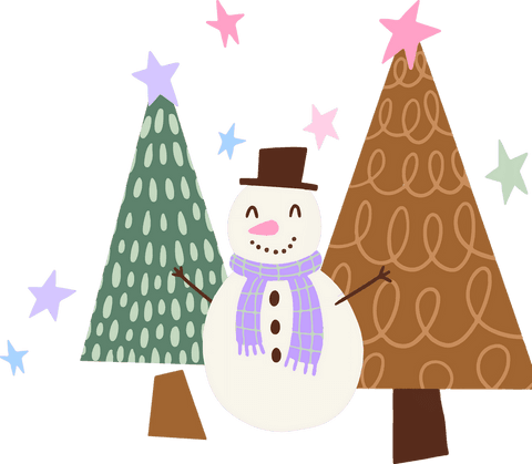 Cheerful Snowman with Trees and Stars on Transparent Background