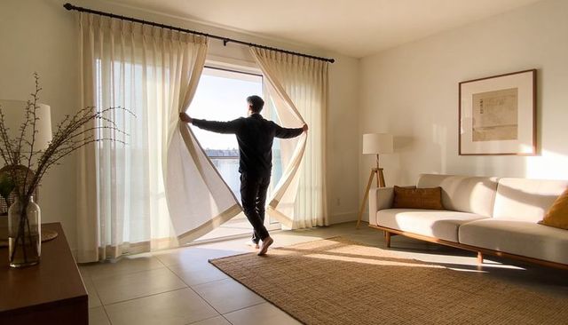 Man Opening Curtains to Sunlit Modern Living Room with Jute Rug and Neutral Sofa