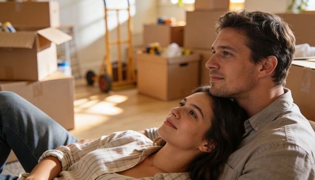 Young couple reclining on hardwood floor unpacking boxes, cozy sunlit moment during move