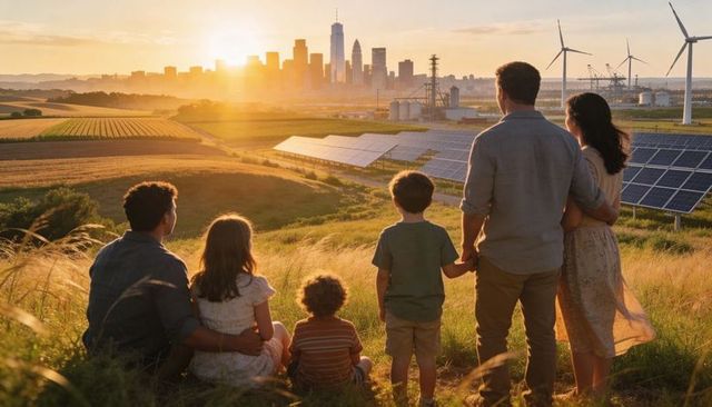 Family of six watching sunset over solar farm and wind turbines near skyline embracing sustainabilit
