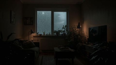Rainy Night Living Room with Dewy Window and Houseplants Creating Cozy Reading Nook