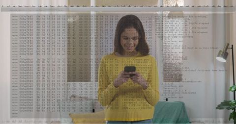 Woman texting on smartphone in living room with code overlay illustrating digital privacy