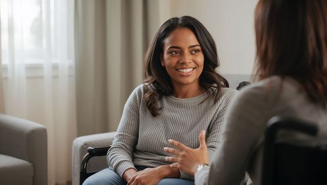 Smiling woman receiving compassionate counseling in cozy home environment, wheelchair visible