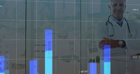 Doctor Overlapping Financial Charts in Modern Light-Filled Office