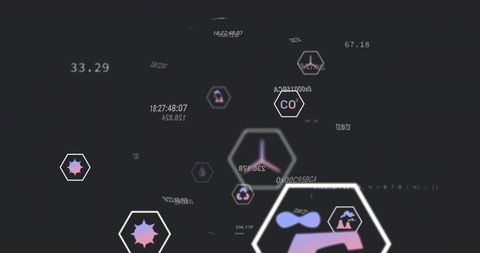 Floating neon hex badge on dark dashboard visualizing droplet telemetry and data analytics