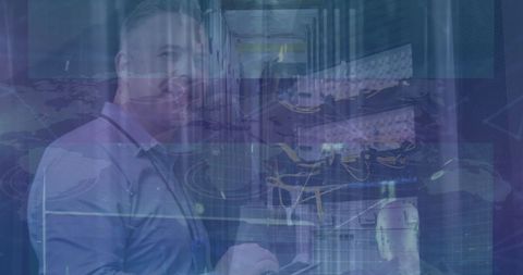 Technician analyzing data center with digital interface