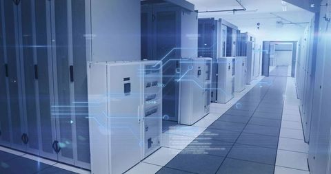 Futuristic data center with digital connections and server racks