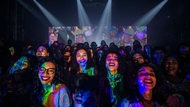 Vibrant crowd enjoying immersive projection show in urban venue